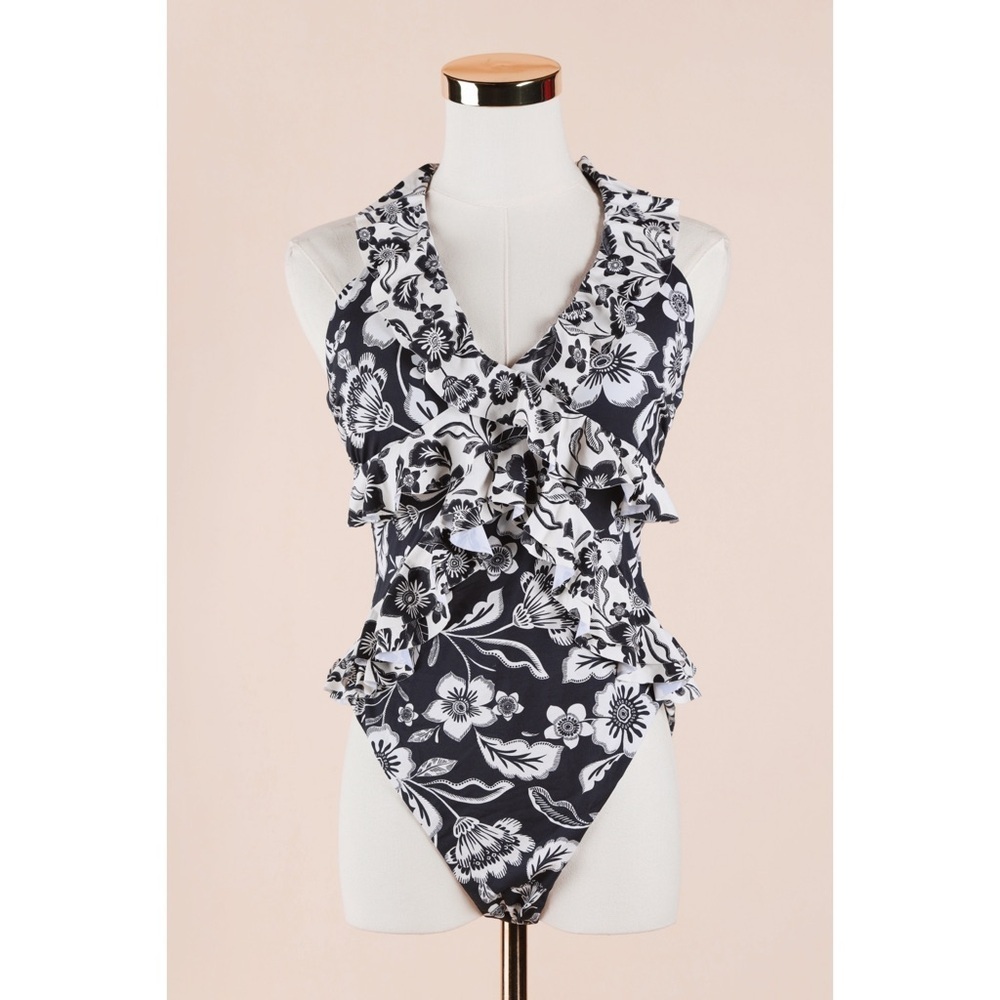 Sz L Anthropologie Maeve One Piece Swimsuit Ruffled Floral Navy & White GUC